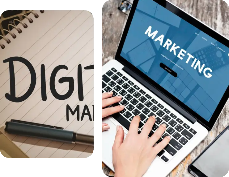 A close-up of a handwritten _DIGITAL MARKETING_ note beside a laptop displaying a marketing webpage, with hands typing on the keyboard